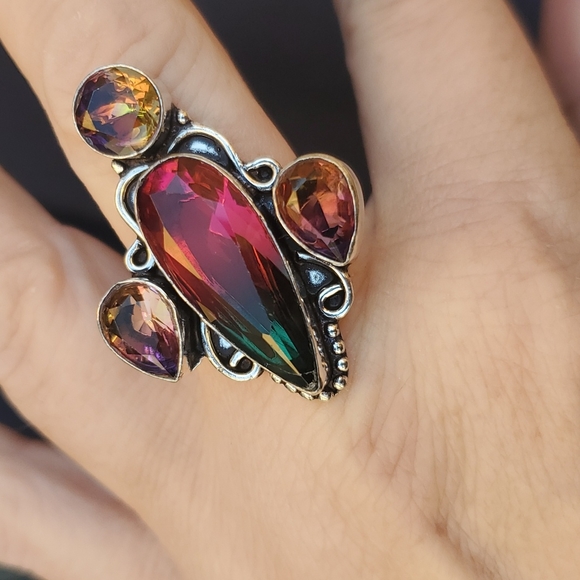 New Bi-Color Tourmaline 925 Silver Statement Ring. - Picture 10 of 16